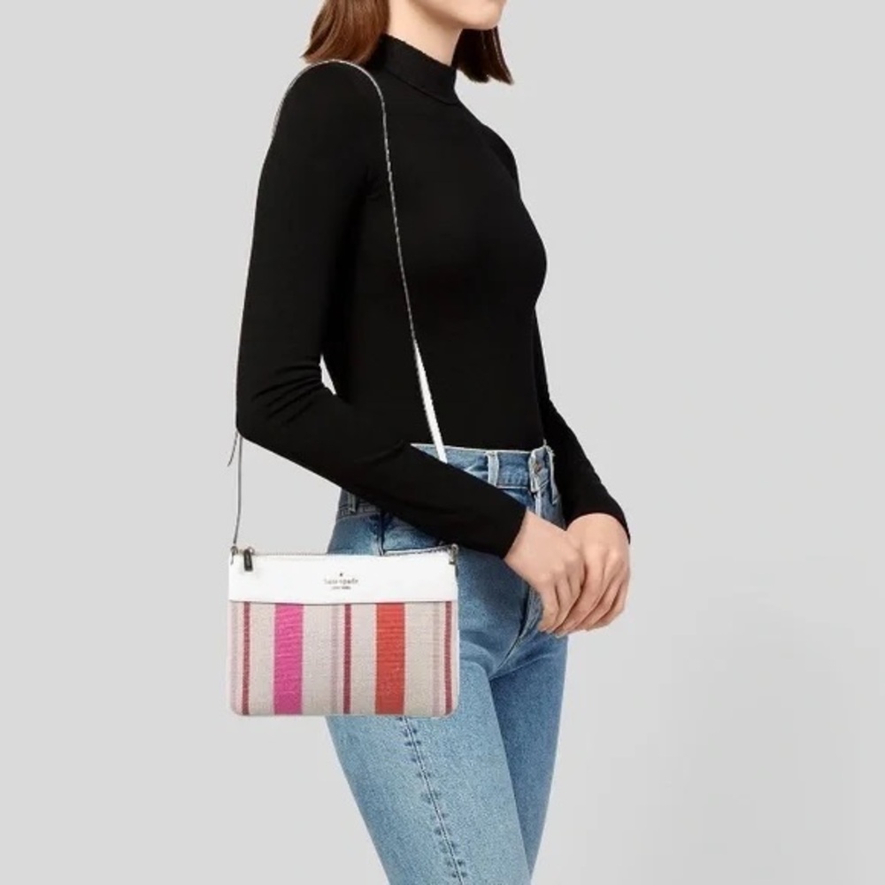 NWT Kate Spade Striped Canvas Crossbody Bag White Leather Trim Summer Collection